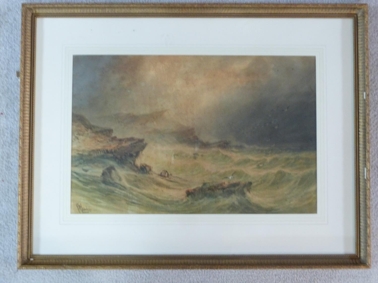 A framed and glazed 19th century watercolour, stormy seascape, by John H. Bland. 77x92cm - Image 2 of 4