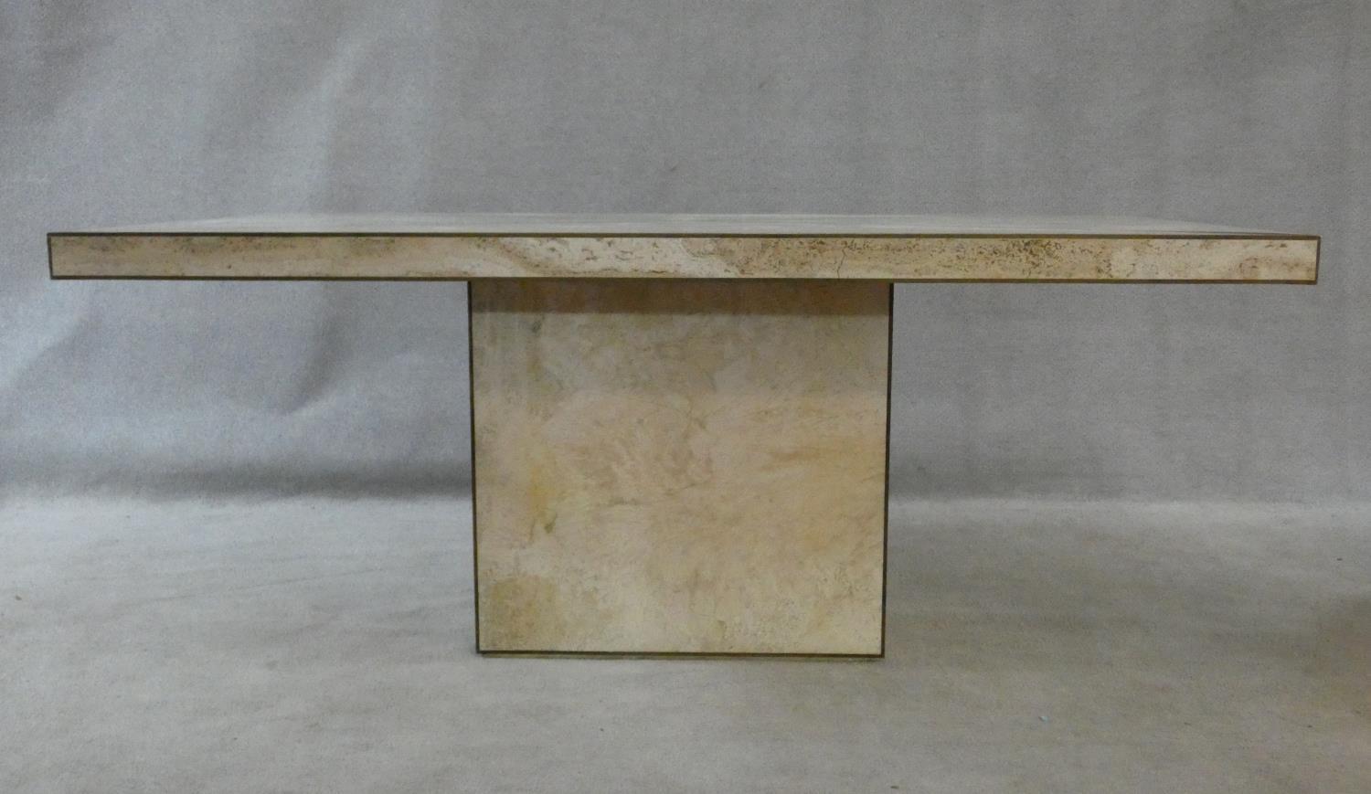 A brass bound travertine marble dining table on pedestal base. H.74xW.181xL.90cm - Image 2 of 13