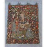 A French medieval style wall hanging tapestry, Le Roman de la Rose, for the Franklin Mint, label