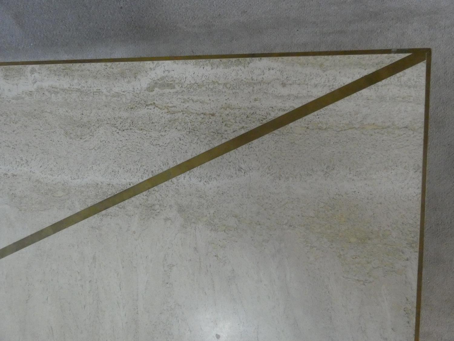 A brass bound travertine marble dining table on pedestal base. H.74xW.181xL.90cm - Image 6 of 13