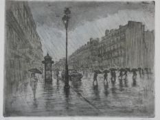 A framed and glazed limited edition etching, a Parisian street with figures in the rain, titled '