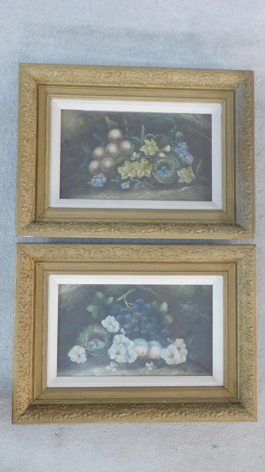 A large pair of 19th century gilt framed and glazed watercolours, still life, flowers with fruit and