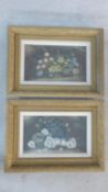 A large pair of 19th century gilt framed and glazed watercolours, still life, flowers with fruit and