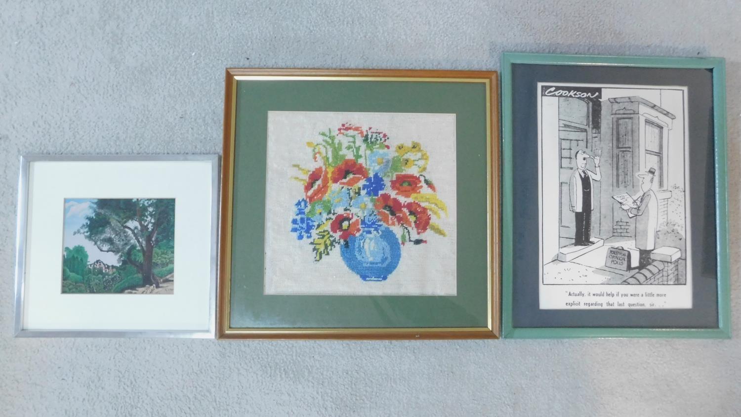 A framed and glazed floral tapestry, a print of a cartoon by Cookson and another print of a