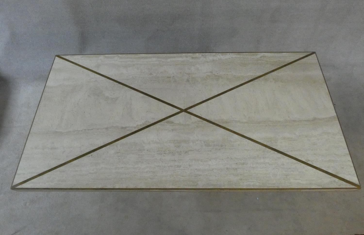 A brass bound travertine marble dining table on pedestal base. H.74xW.181xL.90cm - Image 4 of 13