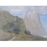 A framed and glazed 19th century watercolour, man walking dog by a cliff, by George Lothian Hall,