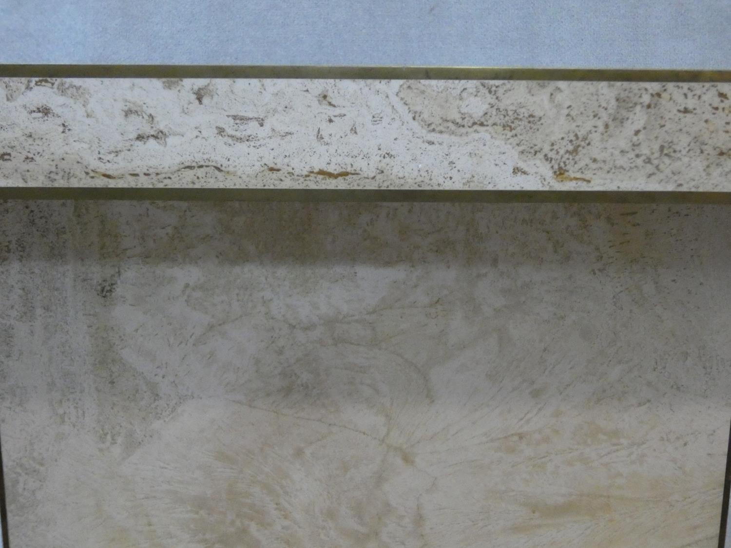 A brass bound travertine marble dining table on pedestal base. H.74xW.181xL.90cm - Image 8 of 13