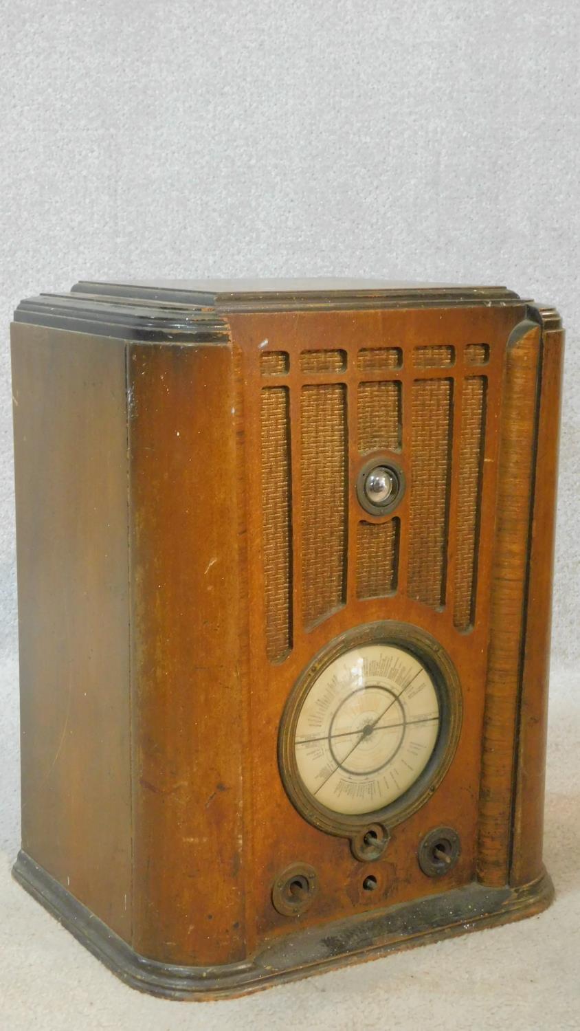 A vintage Pilot Radio Ltd valve radio in burr walnut Art Deco case. H.50 W.39 D.28cm - Image 2 of 10