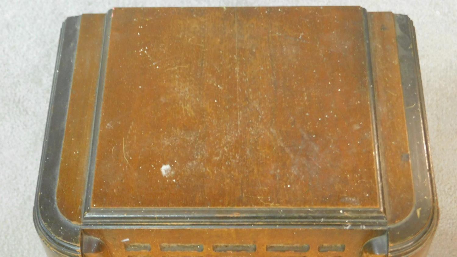 A vintage Pilot Radio Ltd valve radio in burr walnut Art Deco case. H.50 W.39 D.28cm - Image 4 of 10
