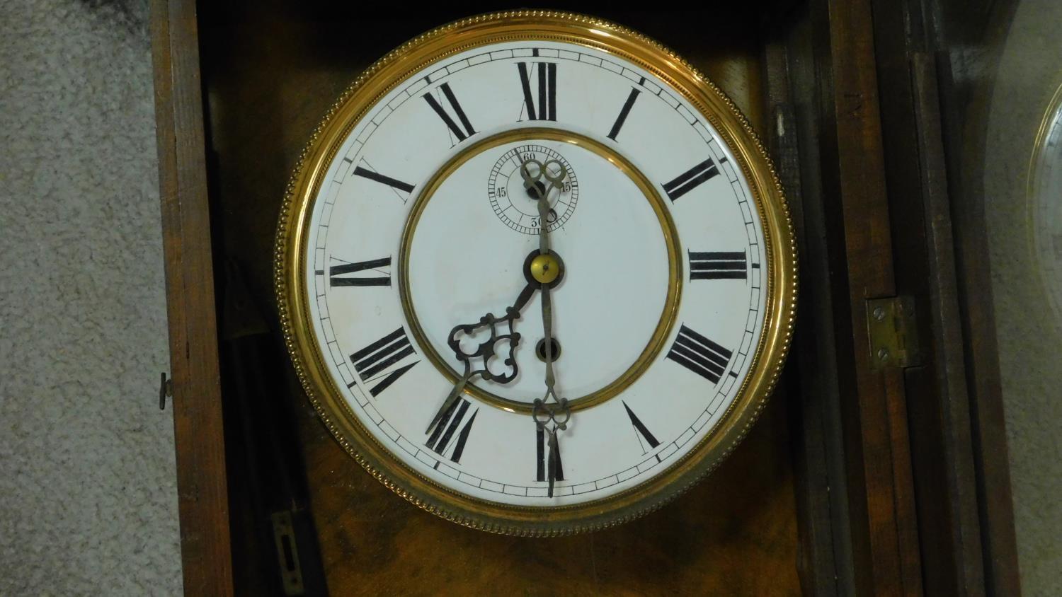 A 19th century walnut and ebonised cased Vienna regulator wall clock the enamel dial with Roman - Image 2 of 7