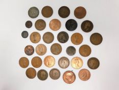 A collection of fourty five copper coins. Including twenty two one penny coins, Jersey 1/12 of a