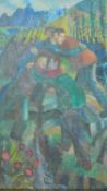Geoffrey Underwood (1927-2000) a gilt framed oil on board, Expressionist style figures embracing