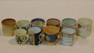 A collection of eleven porcelain hand painted antique coffee cups, all with various designs and some