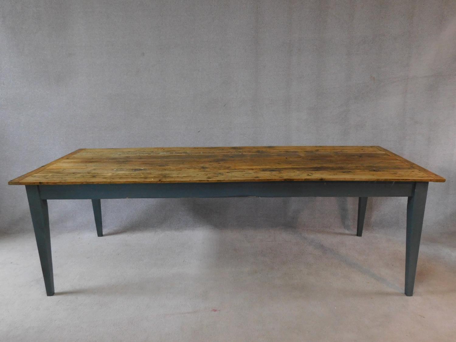 An antique French refectory style dining table with planked and cleated pitch pine top with end - Image 4 of 6