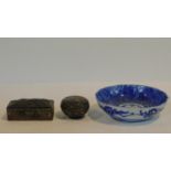 A collection of Japanese items. Including a blue and white transfer design bowl, a cloisonne