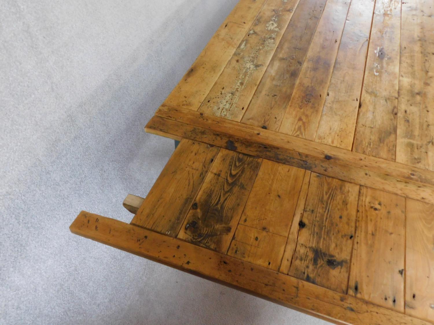 An antique French refectory style dining table with planked and cleated pitch pine top with end - Image 3 of 6