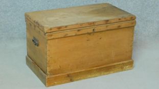 A 19th century pine trunk with hinged lid and side carrying handles. H.42 W.46 D.27cm (largest)