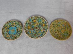 A collection of three Persian shallow bowls with allover polychrome floral glaze. 45x45cm