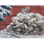 A framed and glazed watercolour, squirrel on a log pile in winter, signed H. Bowman. 52x62cm