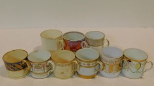 A collection of eleven porcelain hand painted and transfer design antique coffee cups, with