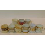 A collection of eleven porcelain hand painted and transfer design antique coffee cups, with