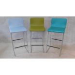 Three Orangebox high stools with upholstered seats on chrome supports. H.100cm