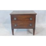 A 19th century mahogany commode cabinet with hinged top and dummy drawers on square tapering