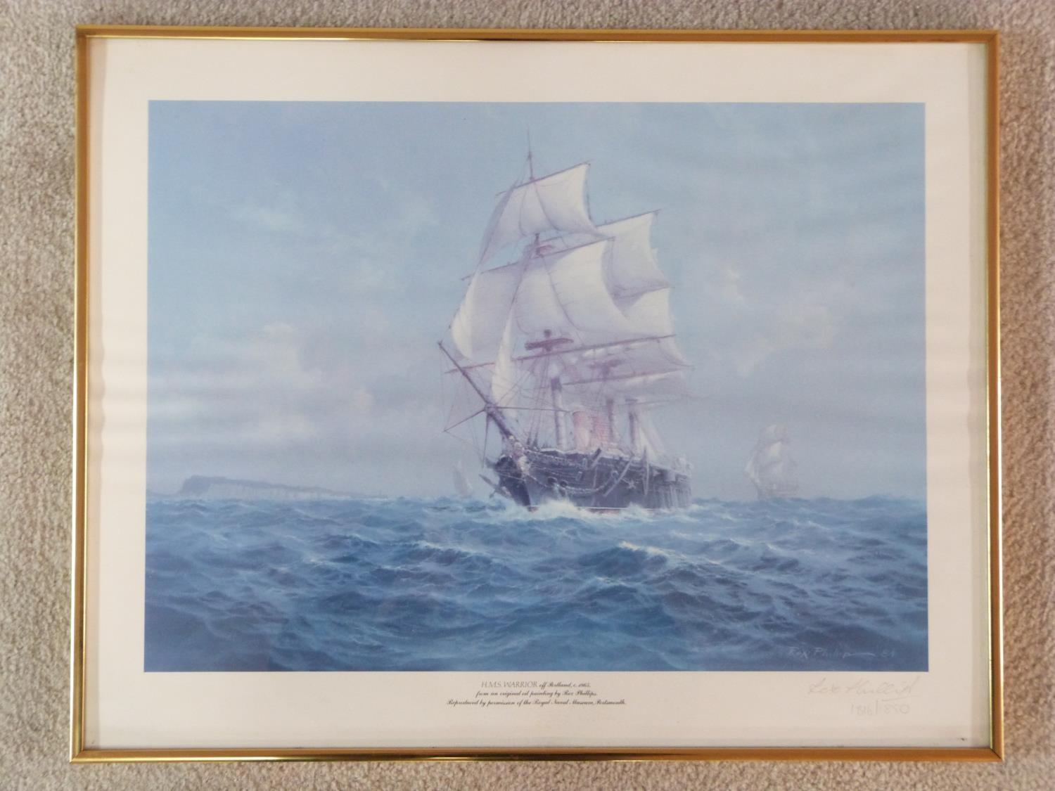 A framed and glazed print of H.M.S. Warrior by Rex Phillips, limited edition signed by the artist. - Image 2 of 5