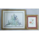 A framed and glazed watercolour, meadow flowers and a similar watercolour of an exotic flowering
