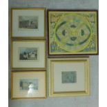 Five framed and glazed prints vintage and antique prints. Including an antique hand coloured