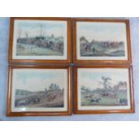 A set of four glazed prints in polished maple frames, early steeple chasing scenes. 45x57cm
