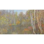 A framed oil on board, silver birches in a lakescape, signed in Russsian cyrillic, possibly N.