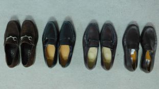 Four pair of designer mens shoes including a pair of brown Suede Gucci loafers (size 43 1/2) with