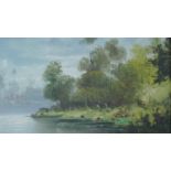 A gilt framed oil on canvas, river landscape, signed Mancini. 75x65cm