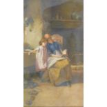 A large gilt framed oil on canvas, a mother reading with her daughter, in the manner of Albert