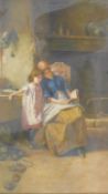 A large gilt framed oil on canvas, a mother reading with her daughter, in the manner of Albert