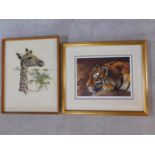 A framed and glazed limited edition 74/490 print, tiger, signed by the artist together with an oil