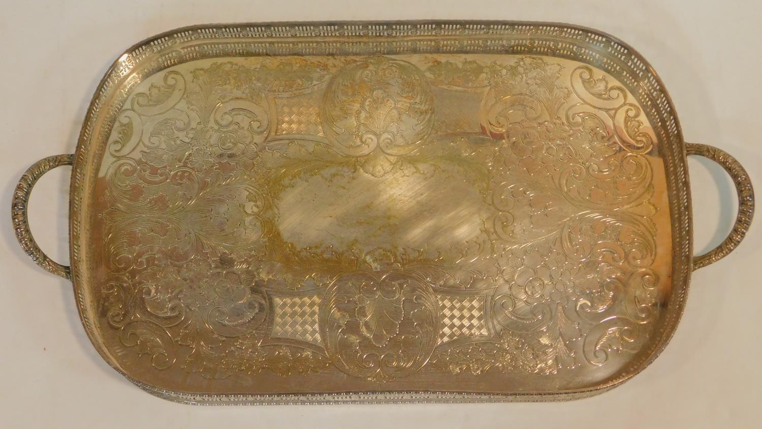 A large machine engraved two handle silver plate tray with pierced linear gallery with laurel swag - Image 2 of 4