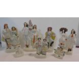 A collection of seven antique hand painted Staffordshire pottery figures, including a