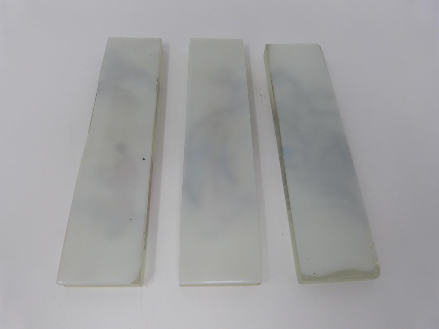 Three Qing dynasty Chinese reverse painted, opaque white glass backed bricks/scroll weights. - Image 3 of 6