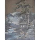 A framed 19th century Japanese oil on board, man on river bridge scene, unsigned. 45x36cm