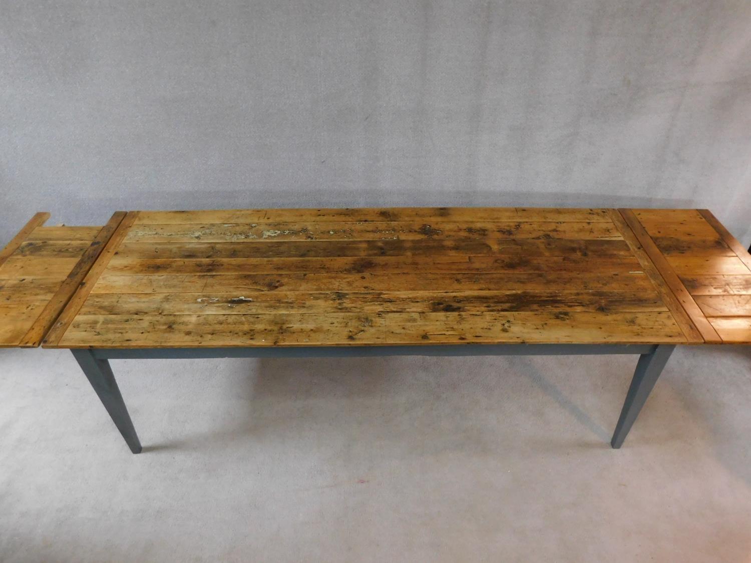 An antique French refectory style dining table with planked and cleated pitch pine top with end - Image 2 of 6