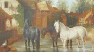 A gilt framed oil on board, horses standing in a ford in a rural village setting, indistinctly