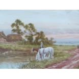 A framed and glazed watercolour, horses drinking in a village pond, by Horace Hammond (British,