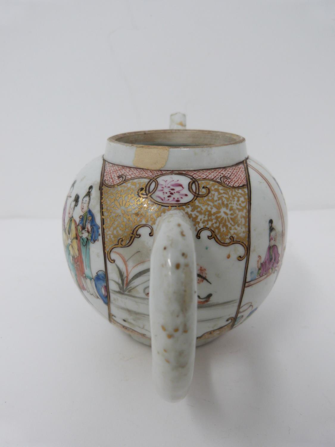 A late 18th century Chinese export wear porcelain teapot with painted figures and gilded floral - Image 2 of 12