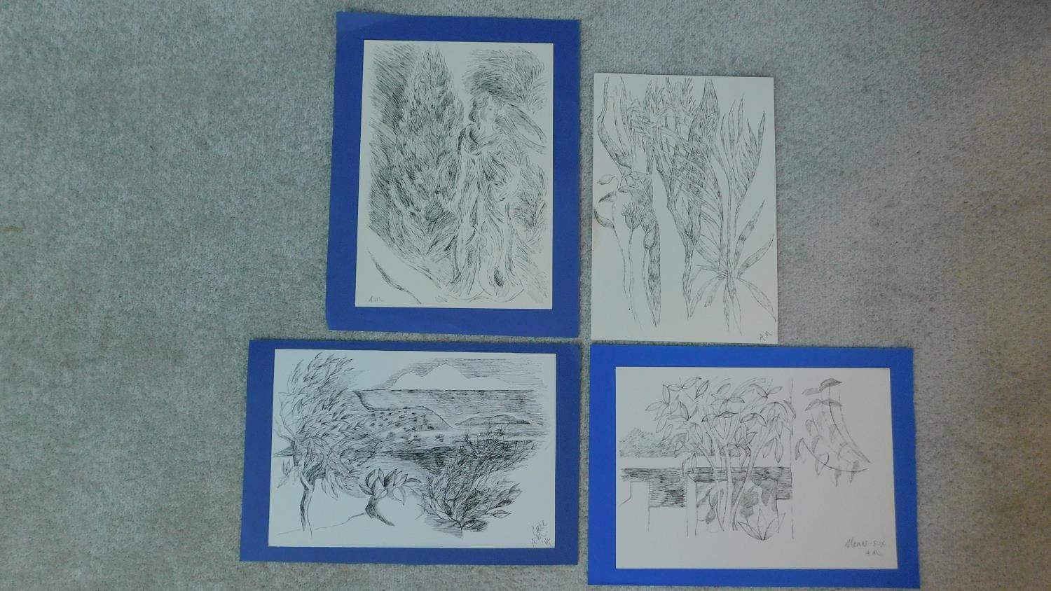 A collection of three pencil sketches and an ink drawing, various subjects, all by the same hand,
