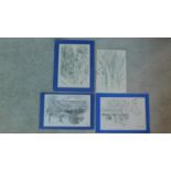 A collection of three pencil sketches and an ink drawing, various subjects, all by the same hand,