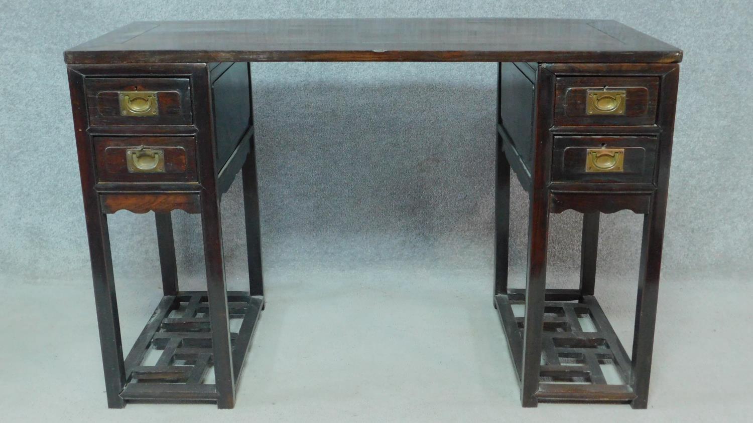 A 19th century Chinese teak three section pedestal desk fitted with two drawers to each side above - Image 2 of 7