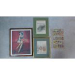 A collection of framed and glazed prints and cigarette cards. A framed and glazed print of a pin
