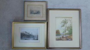 A framed and glazed 19th century watercolour, anglers by a stream and two framed and glazed